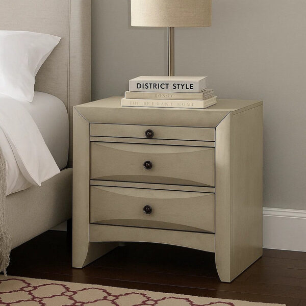 Remy Nightstand, 3 Contemporary Faceted Drawers, Antique White Finish