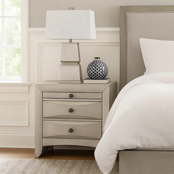 Remy Nightstand, 3 Contemporary Faceted Drawers, Antique White Finish