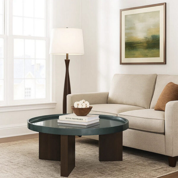 Lexy Coffee Table, 35 Inch Round Top, Low Profile High Gloss Blackish Green
