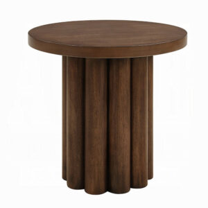 Sana Side End Table, 20 Inch Round Top, Rustic Fluted Base, Dark Brown