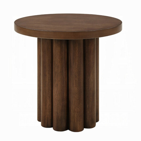 Sana Side End Table, 20 Inch Round Top, Rustic Fluted Base, Dark Brown