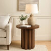 Sana Side End Table, 20 Inch Round Top, Rustic Fluted Base, Dark Brown