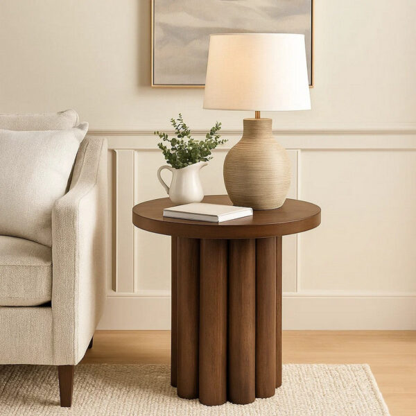 Sana Side End Table, 20 Inch Round Top, Rustic Fluted Base, Dark Brown