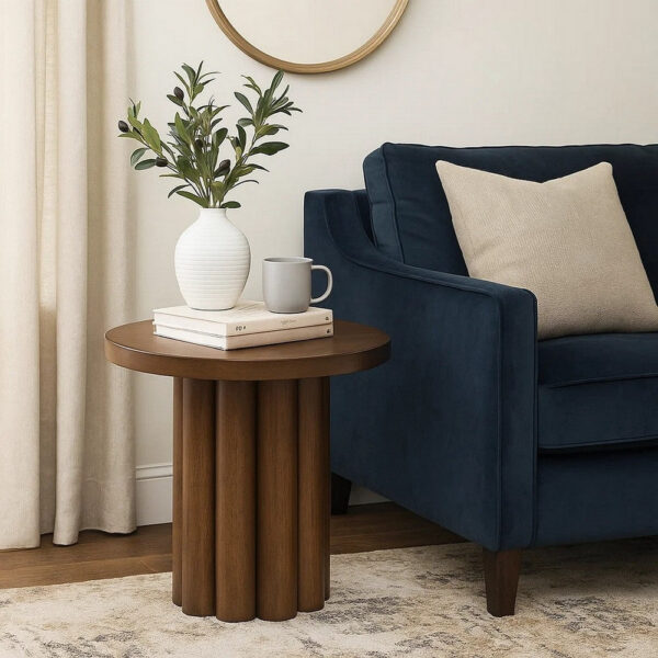 Sana Side End Table, 20 Inch Round Top, Rustic Fluted Base, Dark Brown