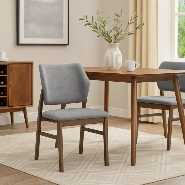 Nory Dining Side Chair Set of 2, Gray Linen Seat and Back, Walnut Brown