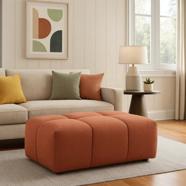 Leya Modular Ottoman, Tufted Coral Red Linen, 43 Inch Rectangular Seat