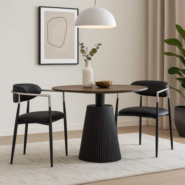 Vonn Dining Armchair Set of 2, Faux Leather Seat, Curved Back, Black Metal