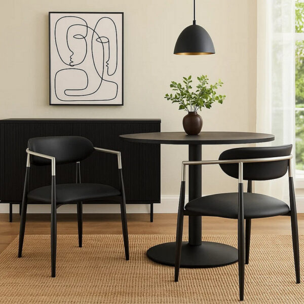 Vonn Dining Armchair Set of 2, Faux Leather Seat, Curved Back, Black Metal