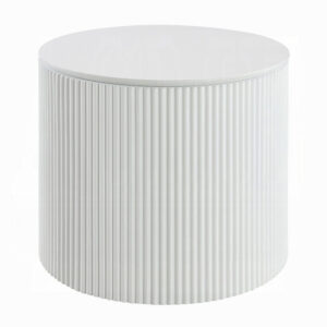 Del Modern Side End Table, 22 Inch Round Top, Glossy White Ribbed Base