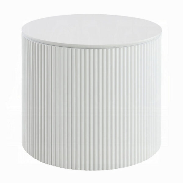 Del Modern Side End Table, 22 Inch Round Top, Glossy White Ribbed Base