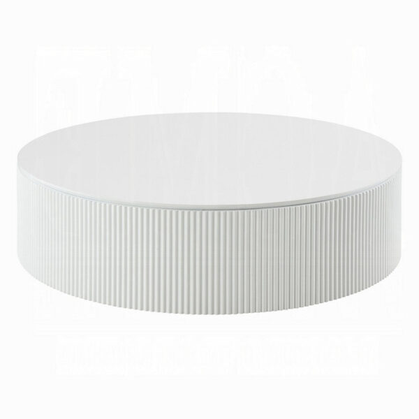 Del Modern Coffee Table, 47 Inch Round Top, Glossy White Ribbed Base