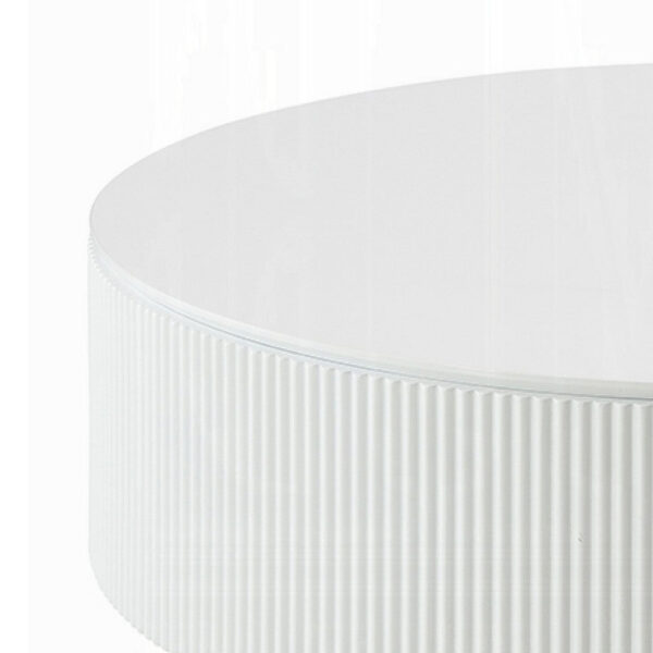 Del Modern Coffee Table, 47 Inch Round Top, Glossy White Ribbed Base
