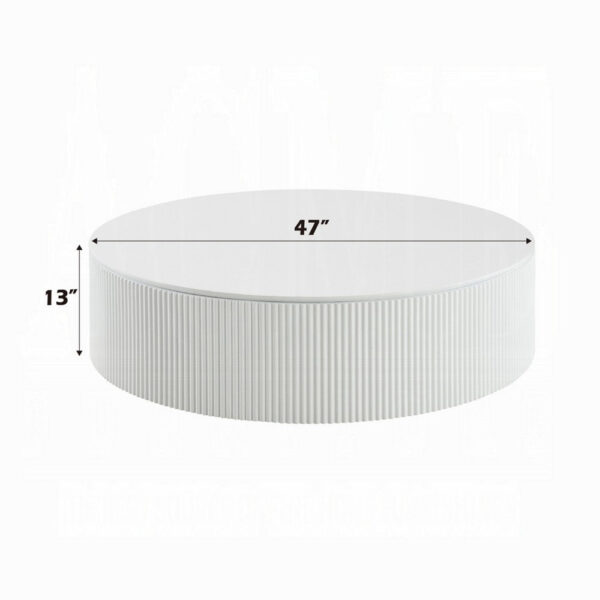 Del Modern Coffee Table, 47 Inch Round Top, Glossy White Ribbed Base