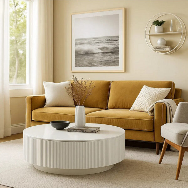 Del Modern Coffee Table, 47 Inch Round Top, Glossy White Ribbed Base