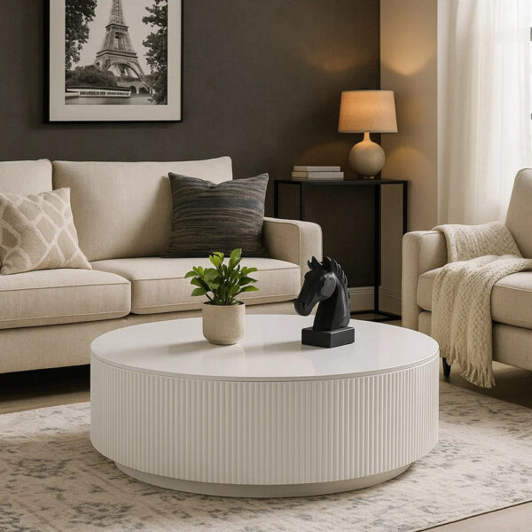 Del Modern Coffee Table, 47 Inch Round Top, Glossy White Ribbed Base