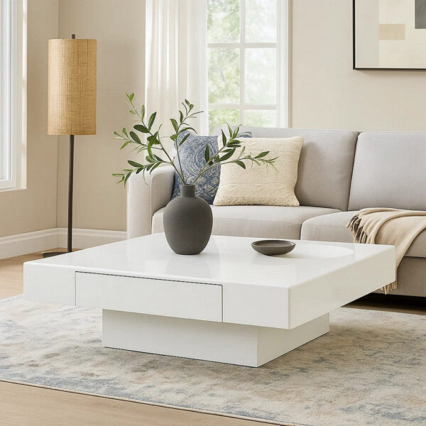 13022026698f08f28b612.jpeg Keya Coffee Table, 43 Inch Square Plinth Top, High Gloss White Finish
