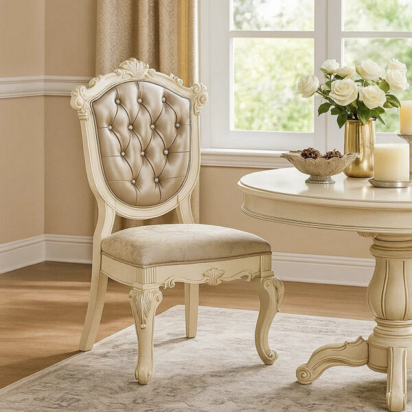 13022026698f08fdc804b.jpeg Cheny Dining Side Chair Set of 2, Faux Leather, Baroque Pearl Beige