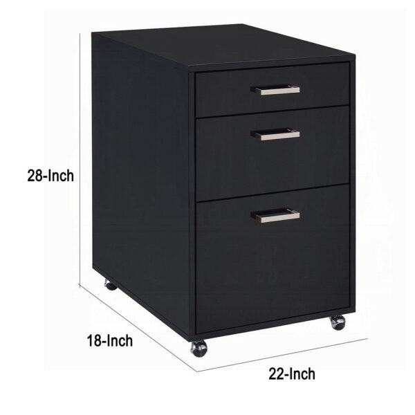 Bard File Cabinet, 3 Drawers with Chrome Metal Handles, Black High Gloss