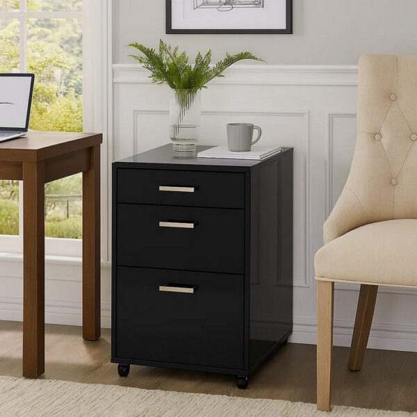 Bard File Cabinet, 3 Drawers with Chrome Metal Handles, Black High Gloss