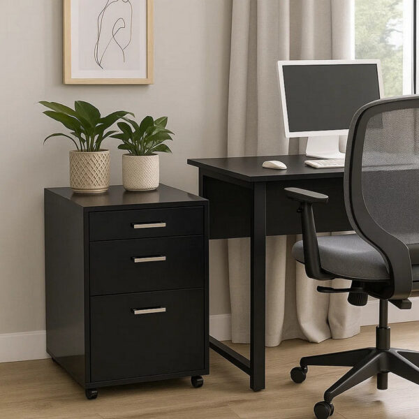 Bard File Cabinet, 3 Drawers with Chrome Metal Handles, Black High Gloss