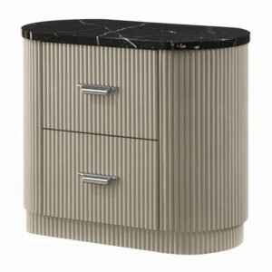 13022026698f091aa962a.jpeg Trex Nightstand, 2 Reeded Drawers with Black Faux Marble Oval Top, Beige