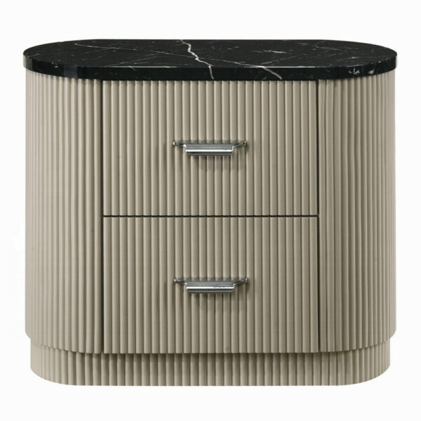 Trex Nightstand, 2 Reeded Drawers with Black Faux Marble Oval Top, Beige