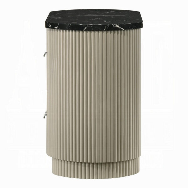 Trex Nightstand, 2 Reeded Drawers with Black Faux Marble Oval Top, Beige