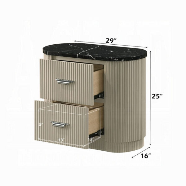 Trex Nightstand, 2 Reeded Drawers with Black Faux Marble Oval Top, Beige