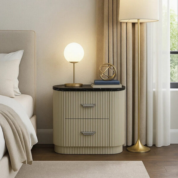 Trex Nightstand, 2 Reeded Drawers with Black Faux Marble Oval Top, Beige