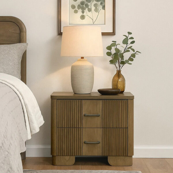 13022026698f0931f0f44.jpeg Leky Nightstand, 2 Reeded Drawers, Rounded Corners, Antique Oak Brown