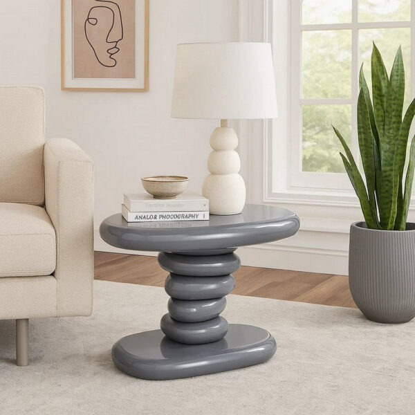 Fory End Table, 22 Inch Asymmetric Stacked Pebble Base, High Gloss Gray