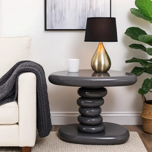 Fory End Table, 22 Inch Asymmetric Stacked Pebble Base, High Gloss Gray