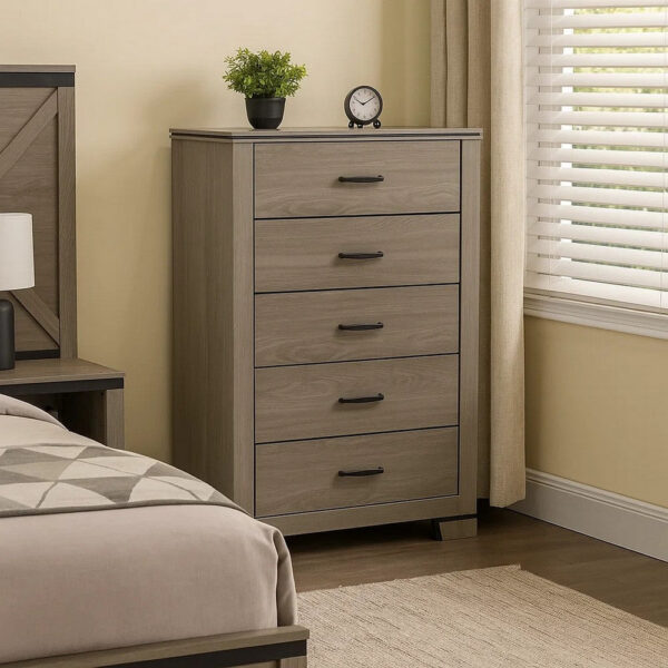 Anna 5 Drawer Tall Dresser Chest, Weathered Gray, Black Metal Accents