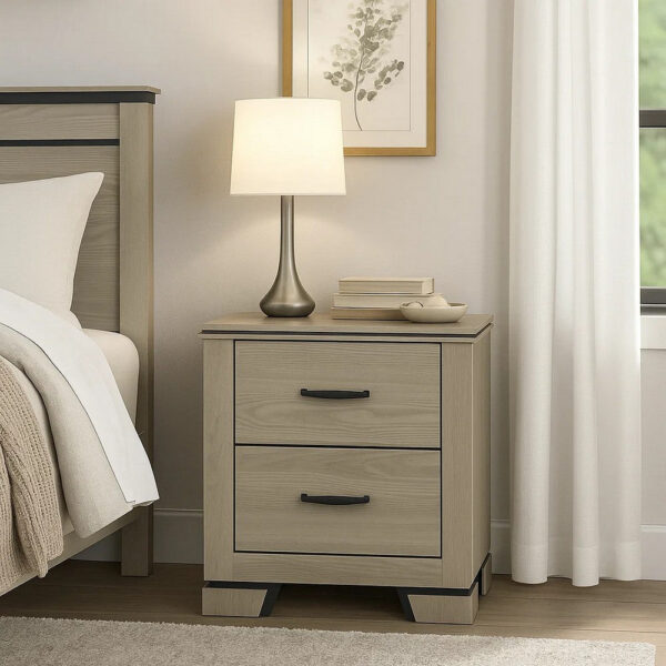 Anna Nightstand with 2 Drawers, Weathered Gray Wood, Black Metal Accents
