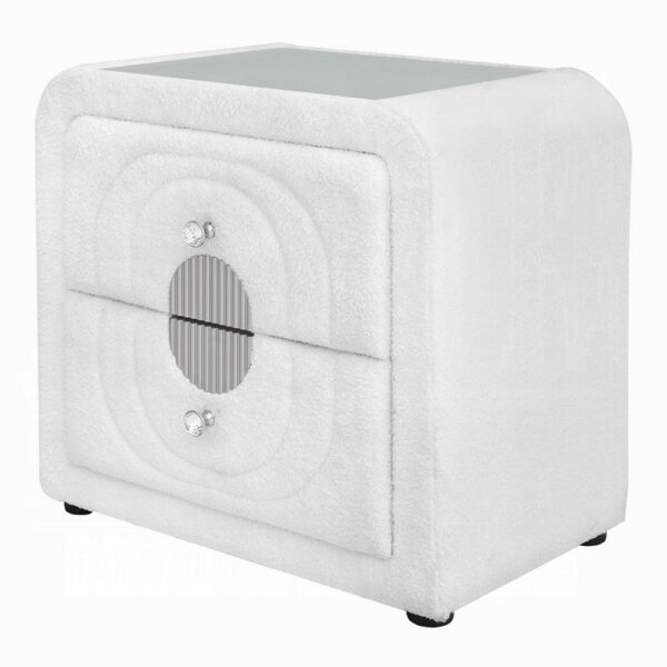Kery Glass Top Nightstand, 2 Drawers, White Teddy Sherpa Upholstery