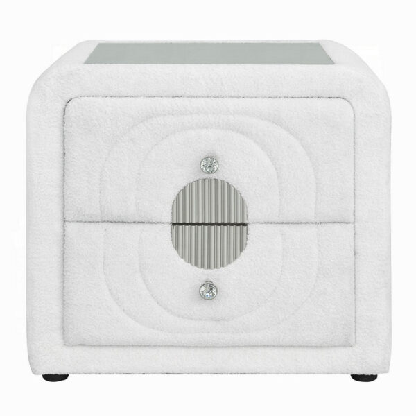 Kery Glass Top Nightstand, 2 Drawers, White Teddy Sherpa Upholstery