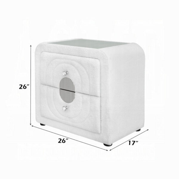 Kery Glass Top Nightstand, 2 Drawers, White Teddy Sherpa Upholstery