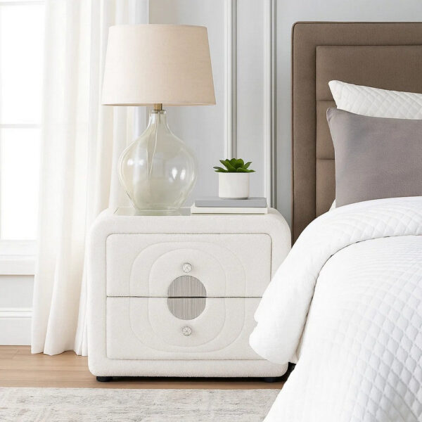 Kery Glass Top Nightstand, 2 Drawers, White Teddy Sherpa Upholstery
