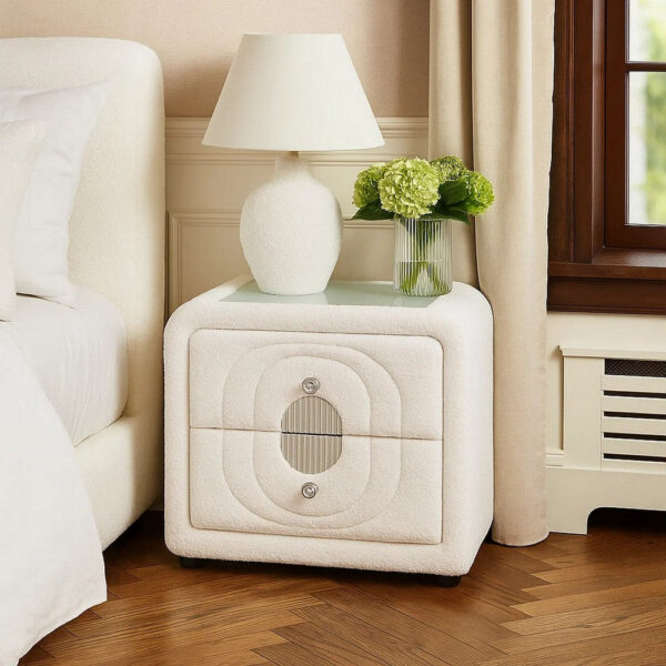 Kery Glass Top Nightstand, 2 Drawers, White Teddy Sherpa Upholstery