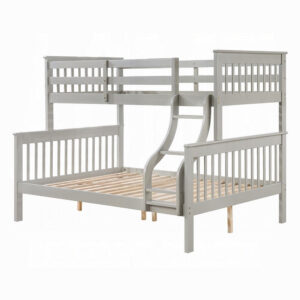 Rita Twin over Full Bunk Bed, Slatted Frame, Fixed Ladder, Gray and Brown