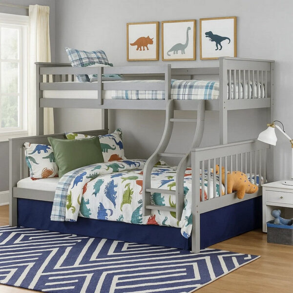 13022026698f09d82192c.jpeg Rita Twin over Full Bunk Bed, Slatted Frame, Fixed Ladder, Gray and Brown