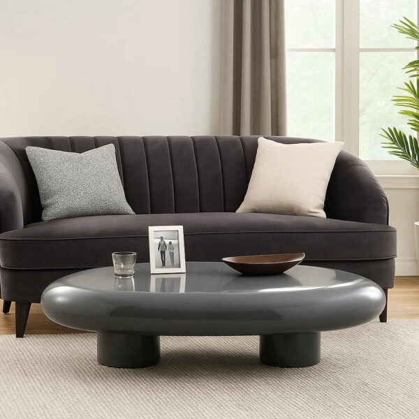 Fory Coffee Table, 46 Inch Oval Top with Low Metal Base, High Gloss Gray