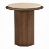 Pery Side End Table, 22 Inch Beige Travertine Stone Top, Walnut Brown