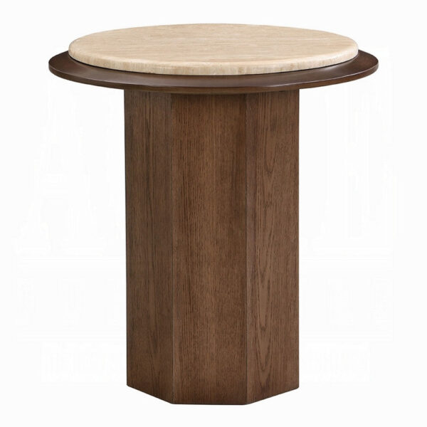 Pery Side End Table, 22 Inch Beige Travertine Stone Top, Walnut Brown