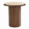 Pery Side End Table, 22 Inch Beige Travertine Stone Top, Walnut Brown