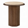 Pery Side End Table, 22 Inch Beige Travertine Stone Top, Walnut Brown