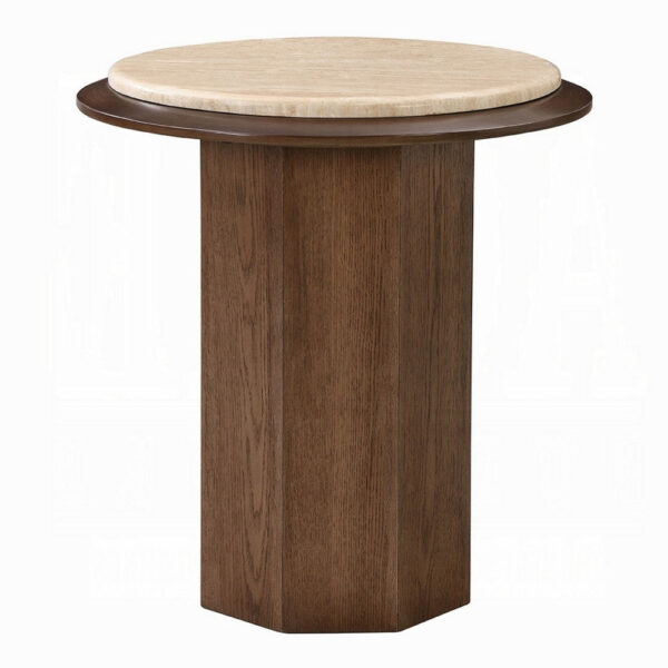 Pery Side End Table, 22 Inch Beige Travertine Stone Top, Walnut Brown
