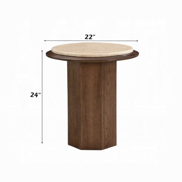 Pery Side End Table, 22 Inch Beige Travertine Stone Top, Walnut Brown