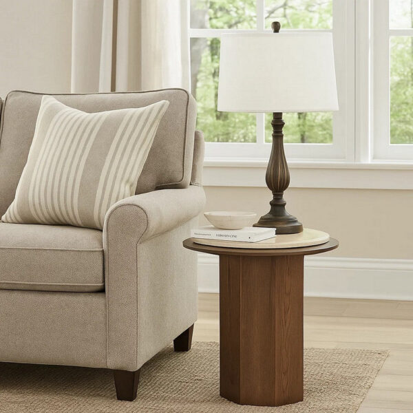 Pery Side End Table, 22 Inch Beige Travertine Stone Top, Walnut Brown