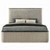 13022026698f09fe82ddb.jpeg Trex Queen Bed, Gray Linen Upholstery, Marble Print Tops, Fluted Beige Wood